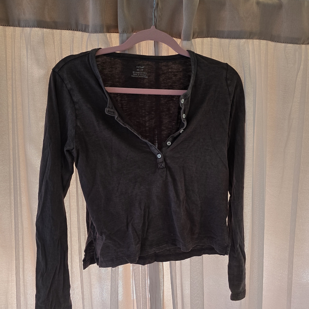 Aerie Charcoal Long Sleeve Henley Top